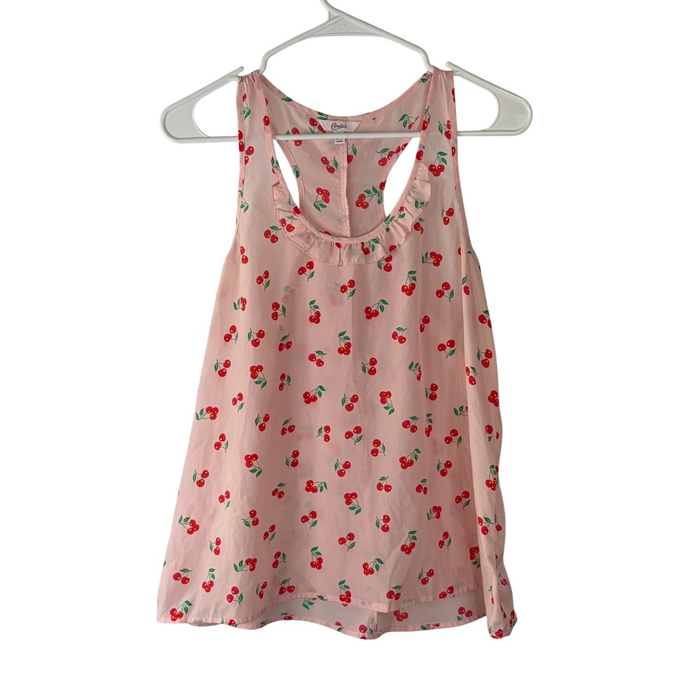 Candies Pink Cherry Print Racerback Tank Top Ruffle Neck Sleeveless Blouse Large